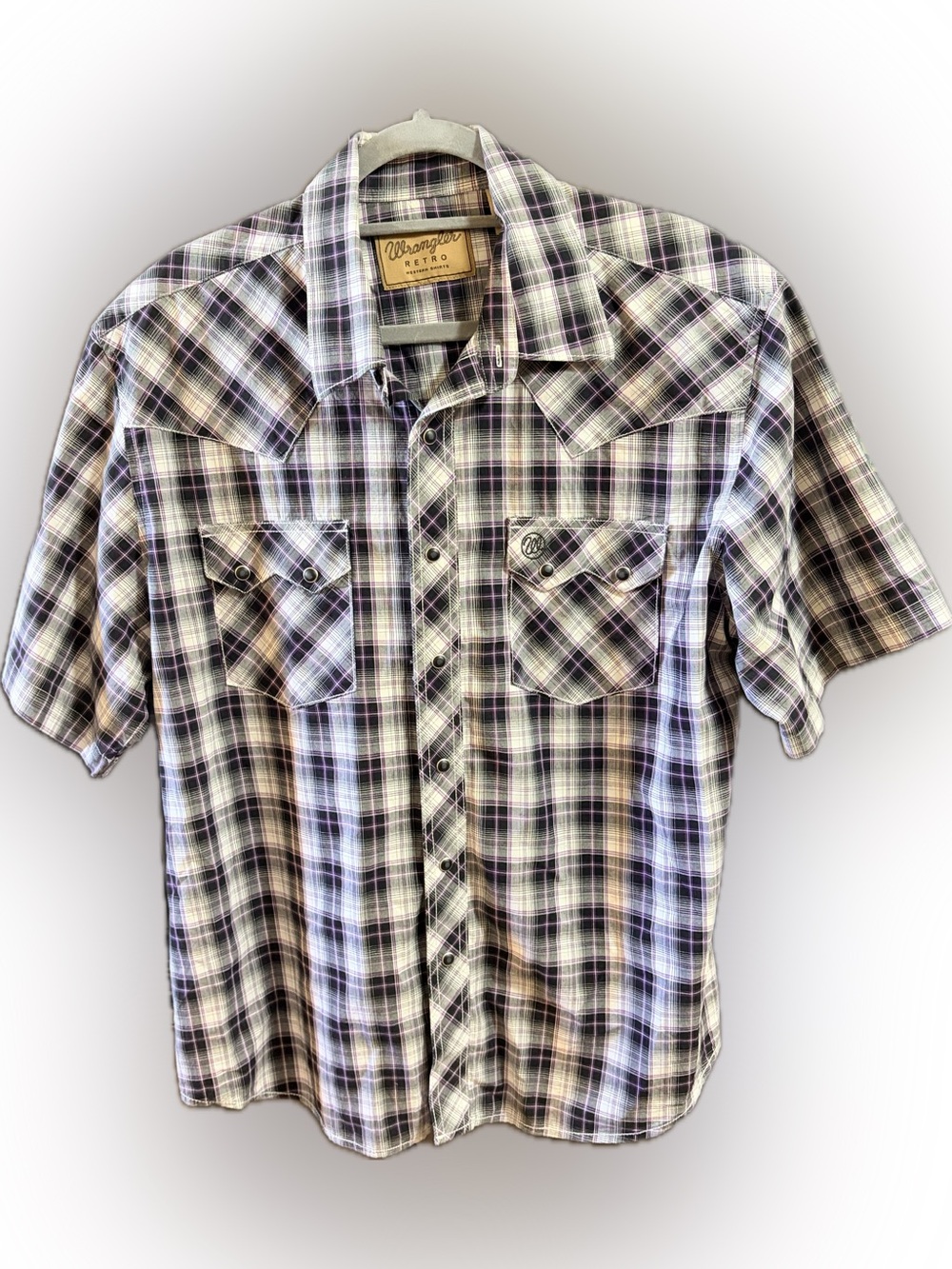 Wrangler Retro Short Sleeve Pearl Snap Plaid Shirt - White & Purple